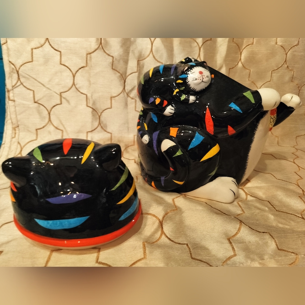 Vintage CKAO Black Cat With Multi Color Strip Ceramic Cookie Jar - Picture 9 of 13